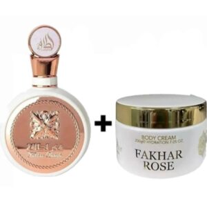 💖 Combo Perfume Árabe Fakhar Rose + Pasta Hidratante Fakhar Rose | Feminilidade e Elegância.